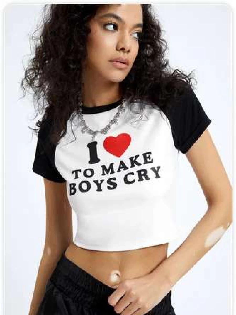 Y2K Vintage Letter Print Crop Top T-Shirt in White
