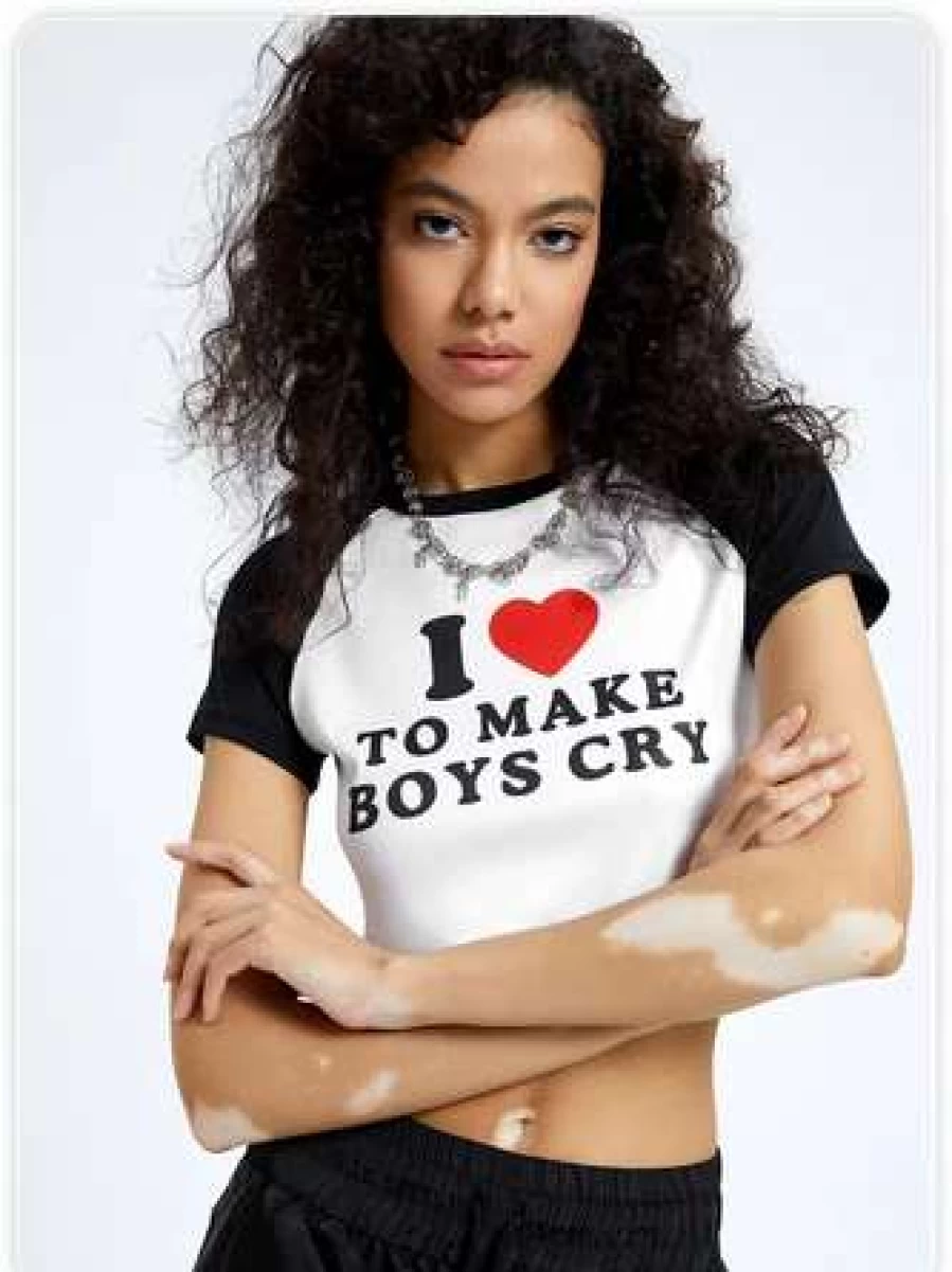 Y2K Vintage Letter Print Crop Top T-Shirt in White