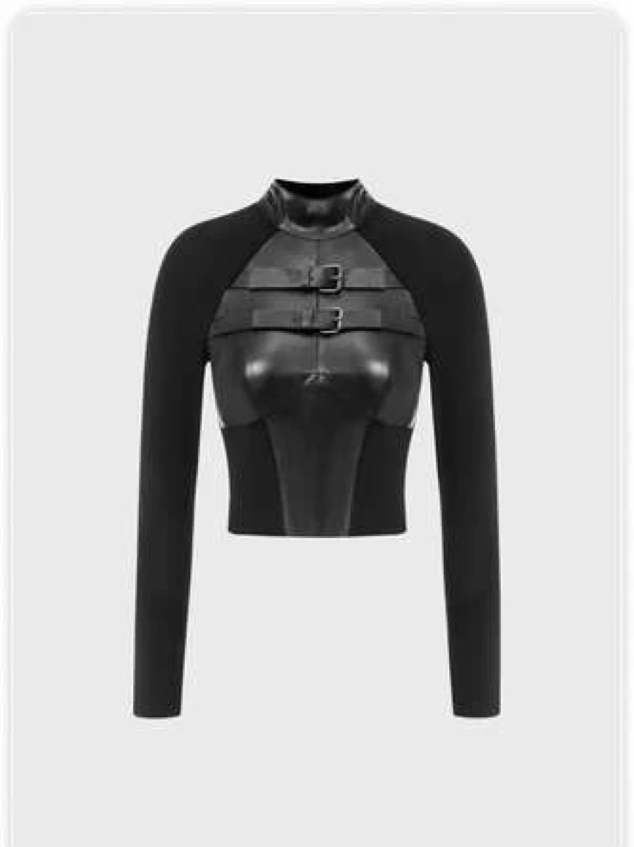 Kollyy Black Punk Patchwork Halloween T-Shirt with Removable Straps