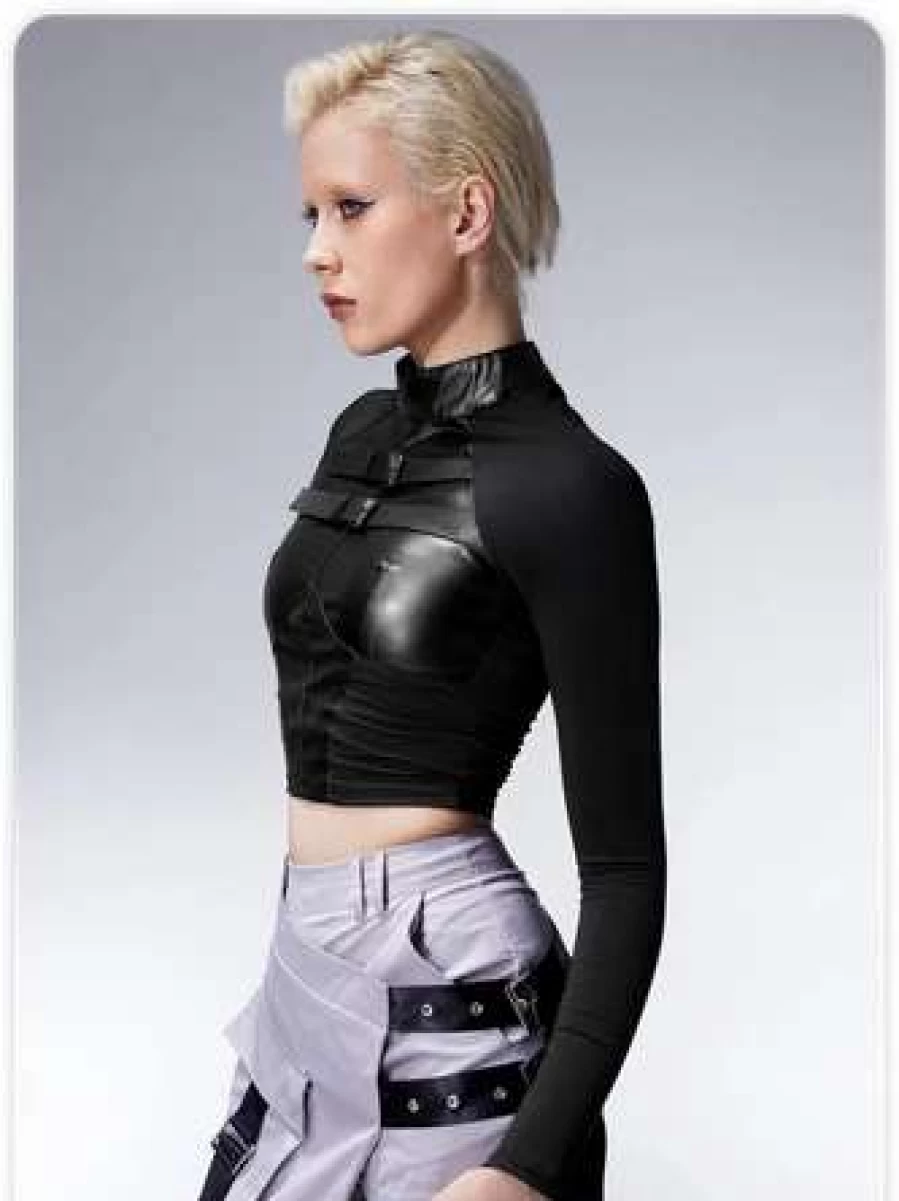 Kollyy Black Punk Patchwork Halloween T-Shirt with Removable Straps