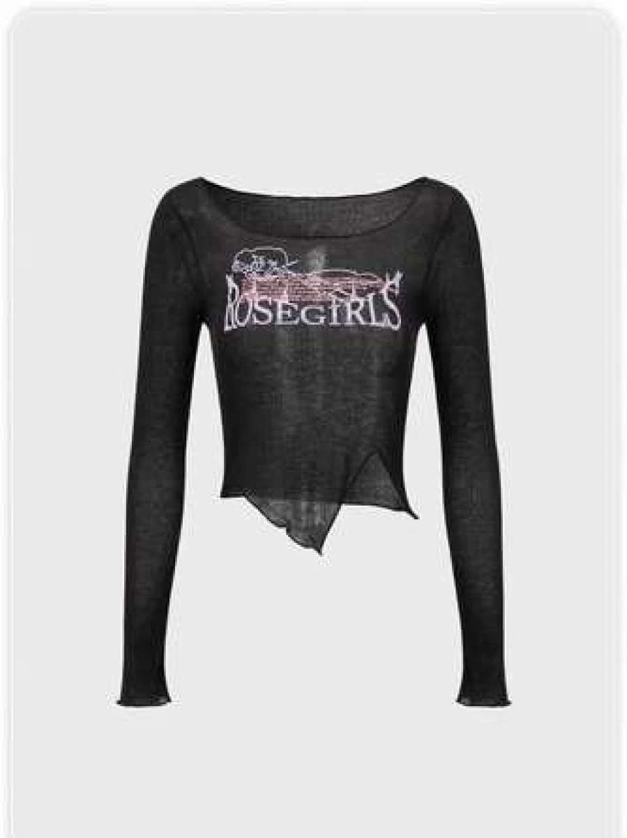 Black Y2K Style Irregular Hem Graphic Letter T-Shirt