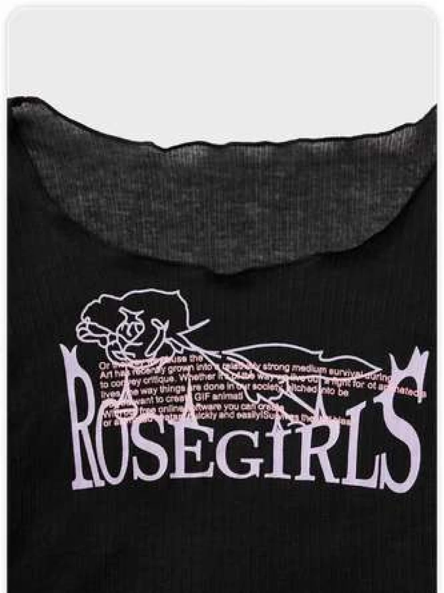 Black Y2K Style Irregular Hem Graphic Letter T-Shirt