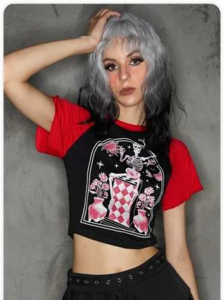 Y2K Black Color Block Skull Print Halloween T-Shirt