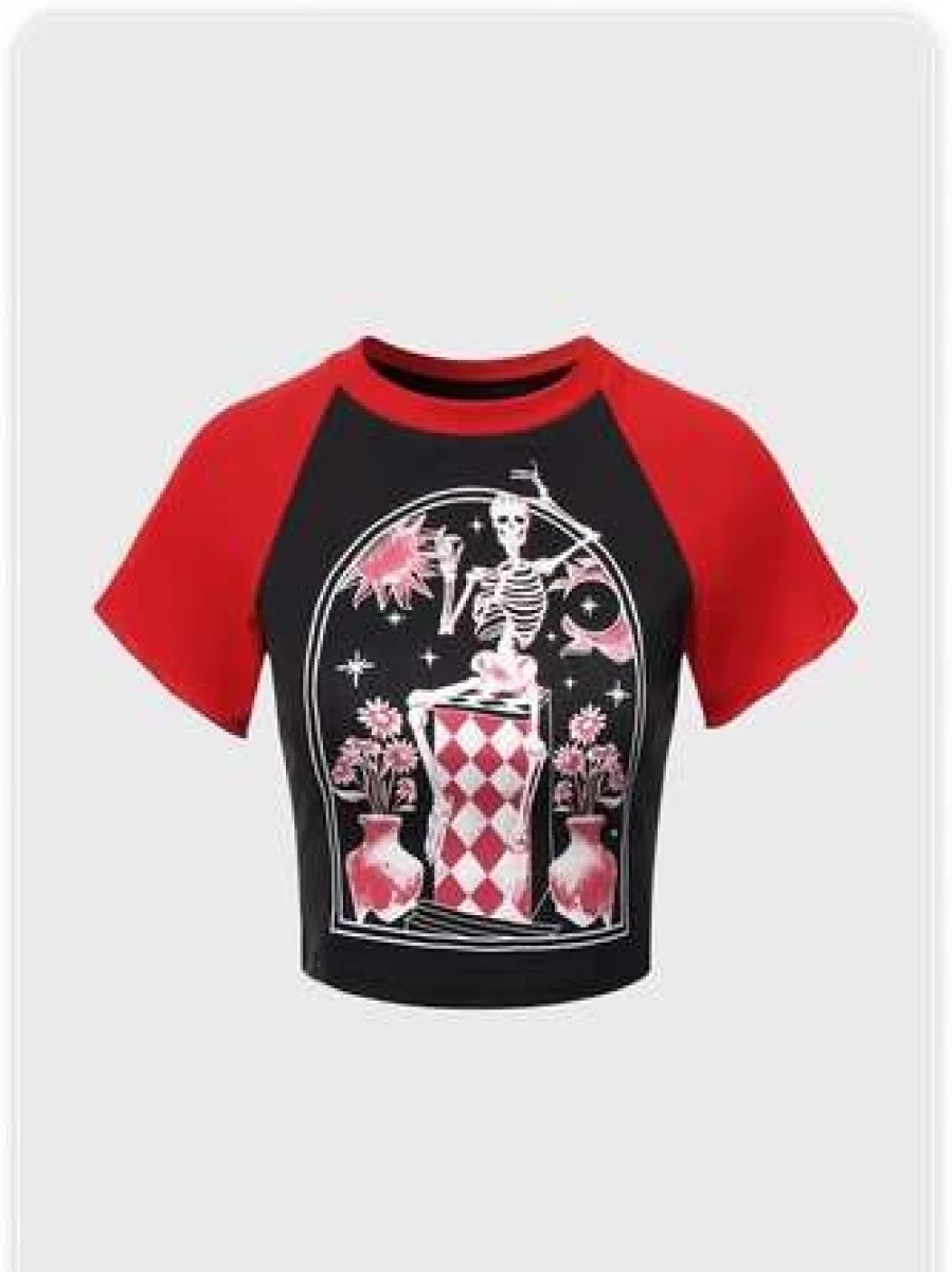 Y2K Black Color Block Skull Print Halloween T-Shirt