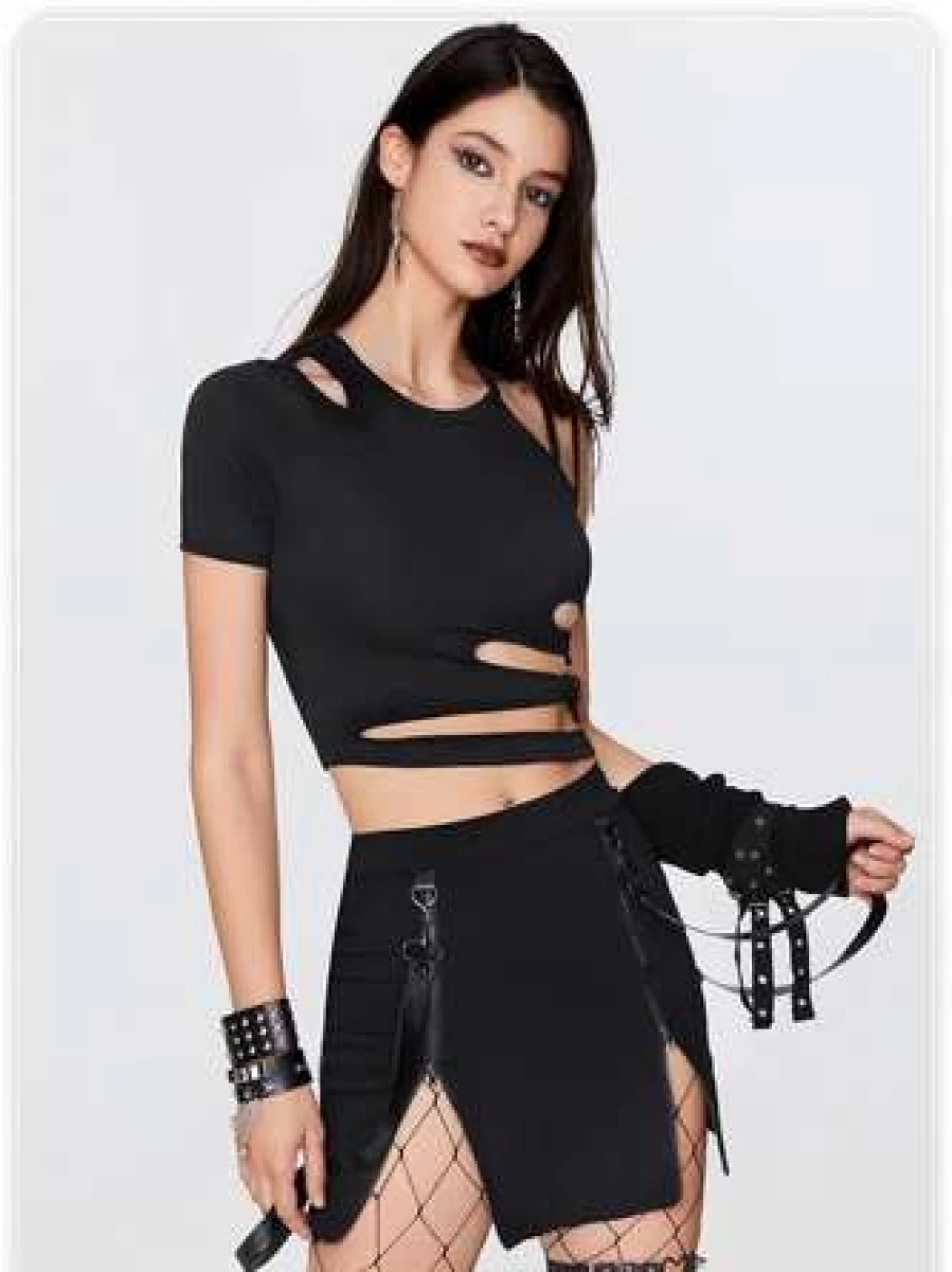 "Kollyy Black Asymmetrical Cut Out Slim Fit T-Shirt for Women"