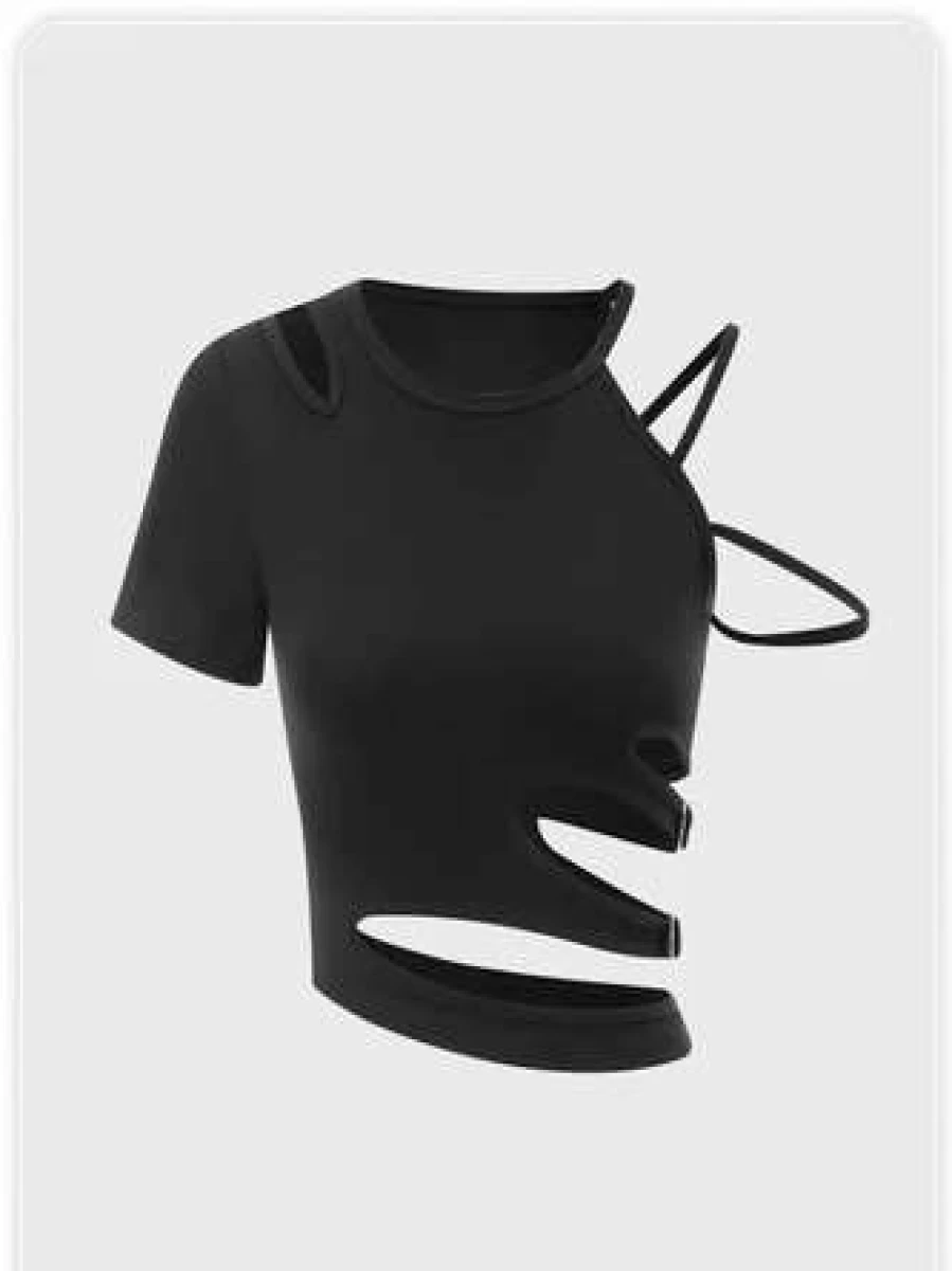 "Kollyy Black Asymmetrical Cut Out Slim Fit T-Shirt for Women"