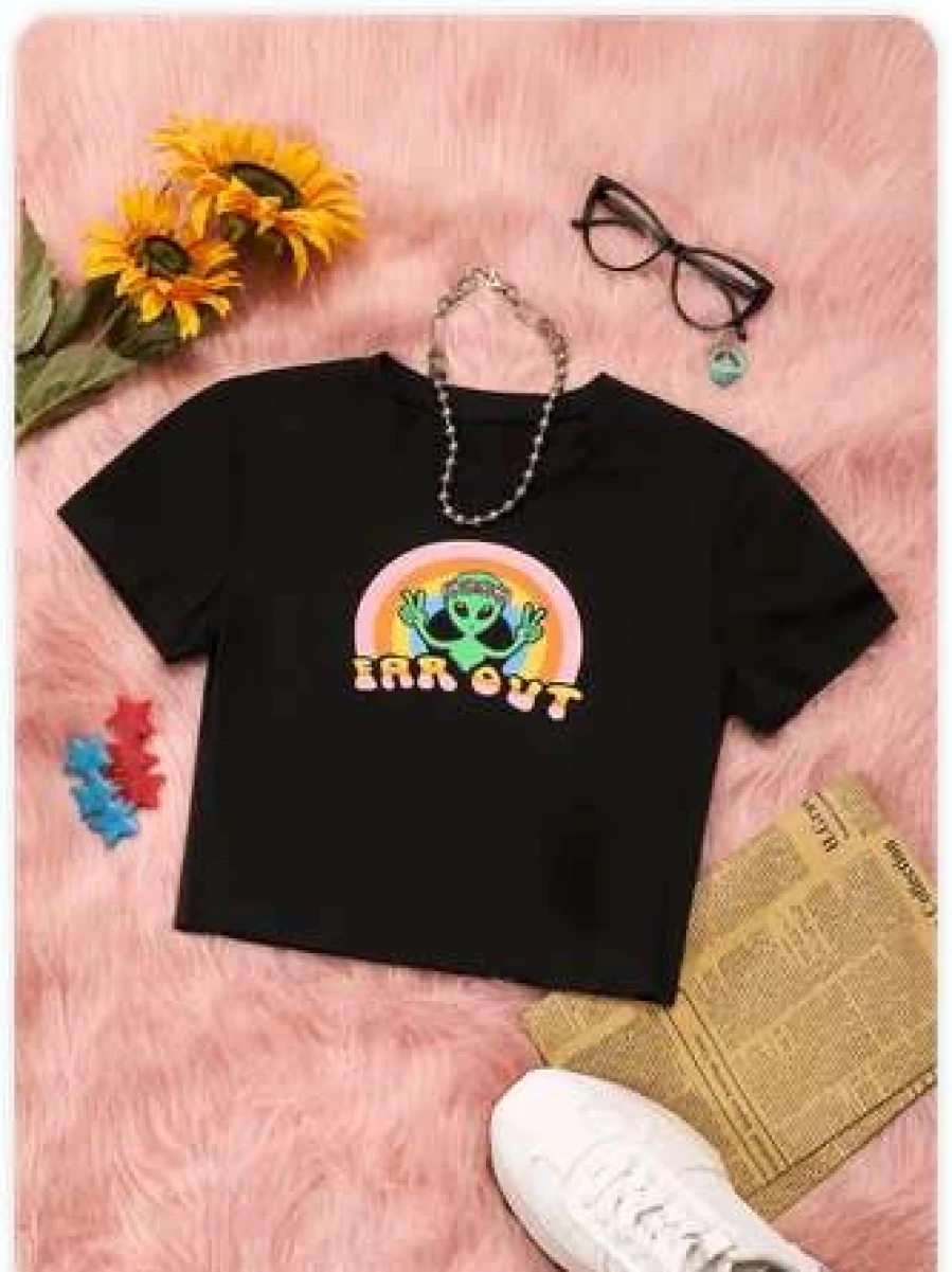 Black Y2K Graphic Print T-Shirt - Vintage Retro Style Tee