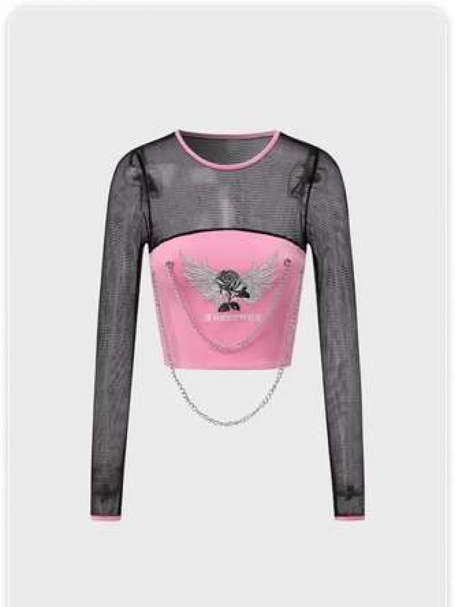 "Pink Slim Mesh Patchwork Street Style T-Shirt | Kollyy Top"
