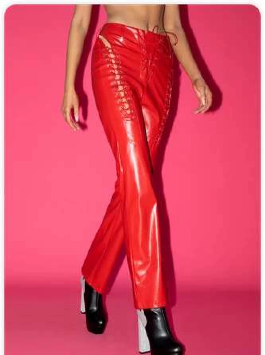 Kollyy Edgy High-Waisted Red Cut Out Detail Pants for Women