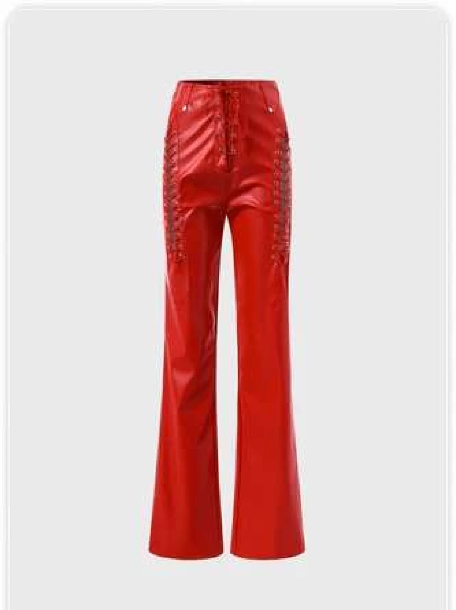 Kollyy Edgy High-Waisted Red Cut Out Detail Pants for Women