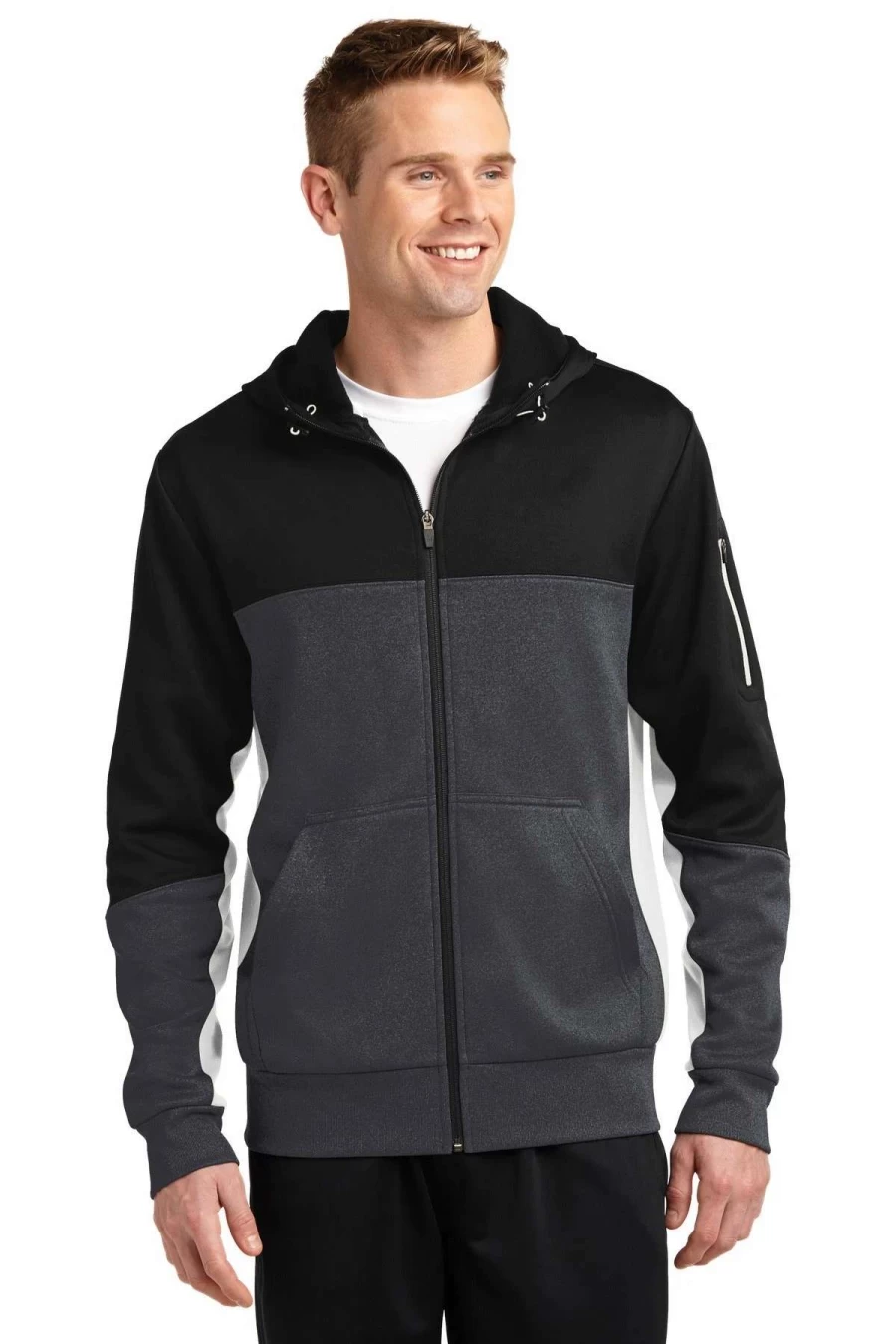 Men's Colorblock Tech Fleece Full-Zip Hooded Jacket by Sport-Tek for Athletic Wear