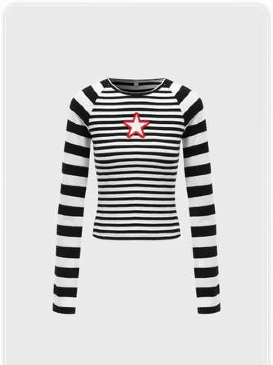 Black Y2K Striped Star Graphic T-Shirt
