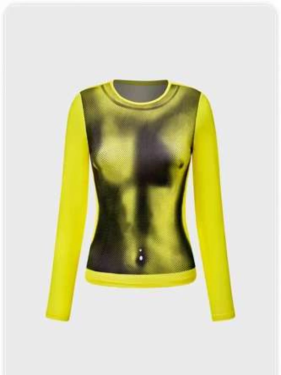 "Kollyy Edgy Yellow Graphic Print T-Shirt for Women - Trendy Body Art Top"