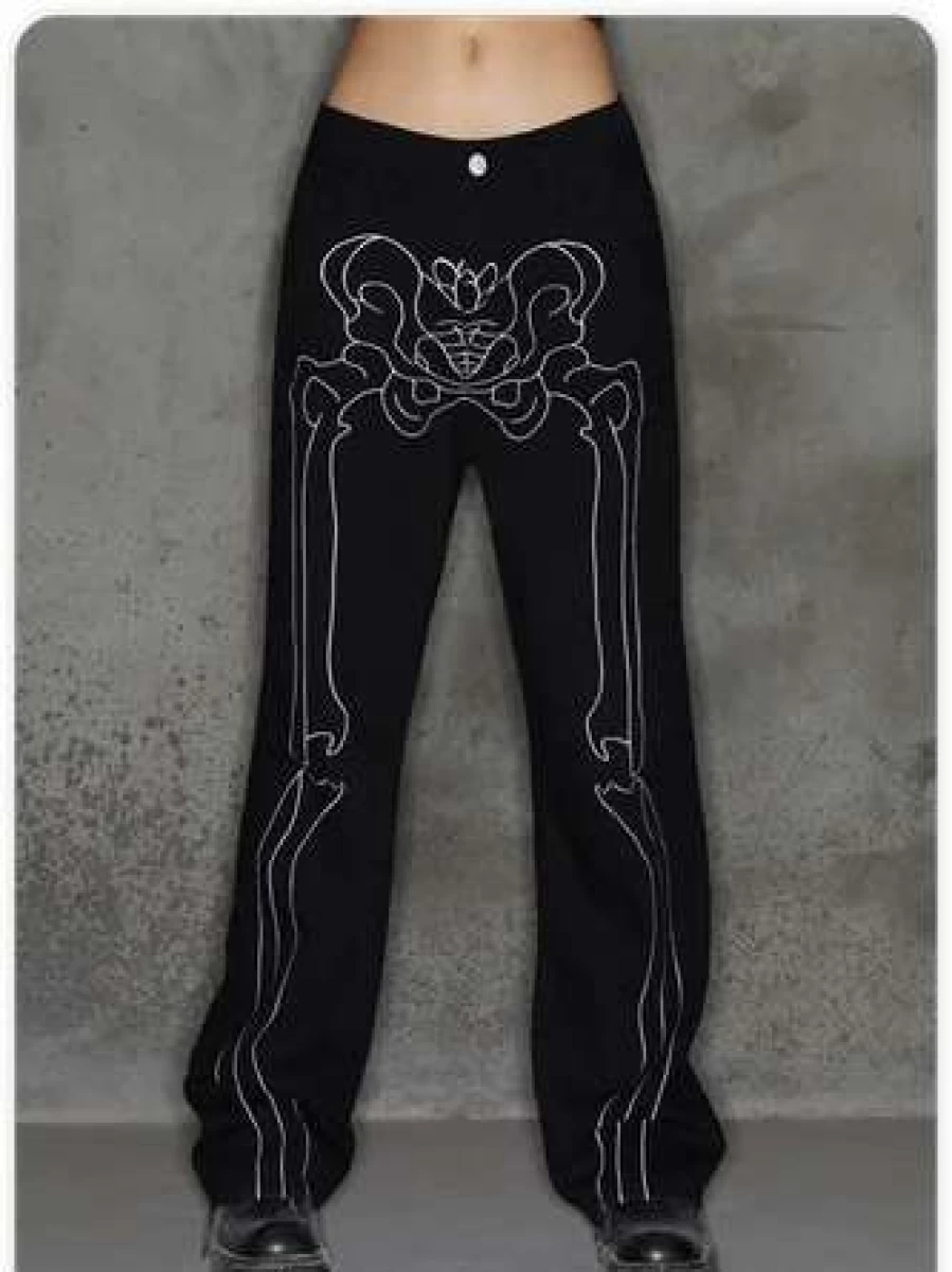 Kollyy Black Punk Skull Print Halloween Pants for Men and Women