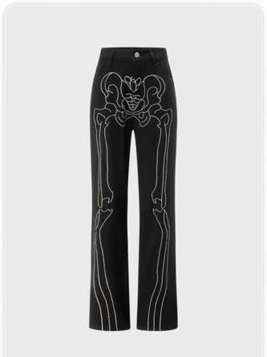Kollyy Black Punk Skull Print Halloween Pants for Men and Women